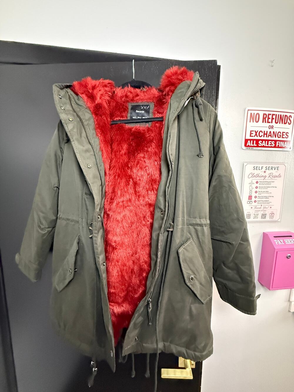 Bershka Olive Green Parka Coat Red Faux Fur Lined Hooded Jacket Size S